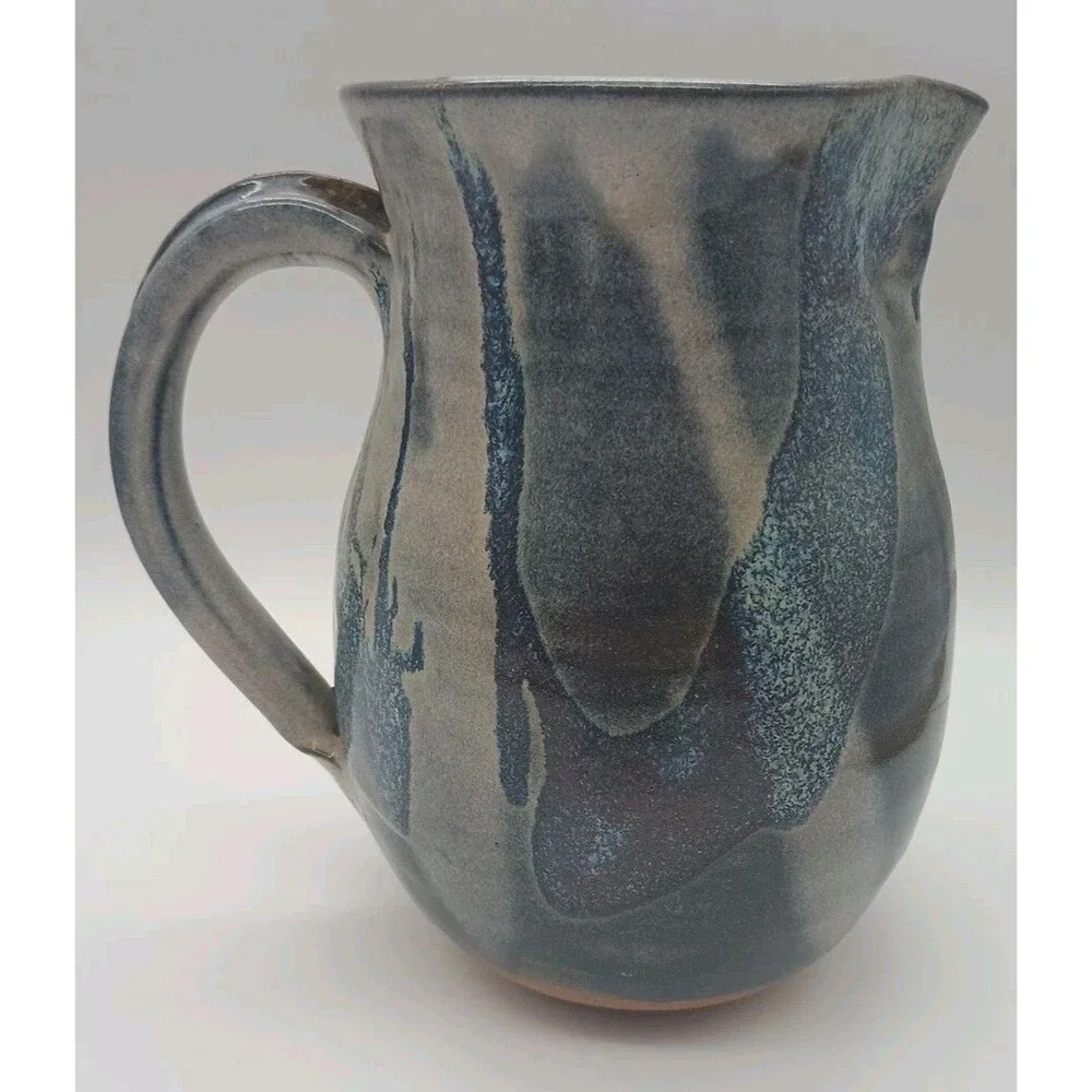Studio Pottery Pitcher Signed Blue Gray Drip Redware